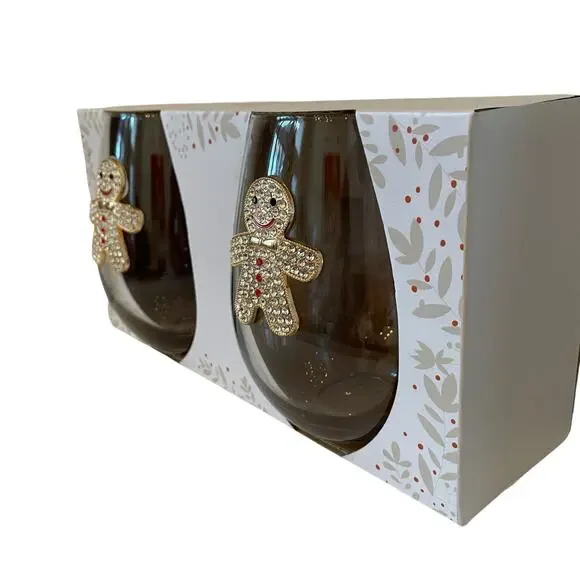 Christmas Jeweled Gingerbread Stemless Wine Glasses Chic Holiday Barware New